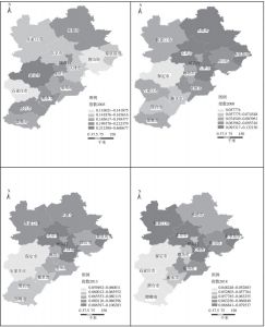图27 2003年、2008年、2013年、2018年京津冀区域内城市银行分支机构集中度空间分布