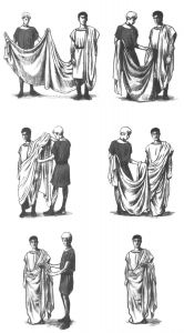 富有的罗马人绝对会穿上长袍才出门。长袍非常长（直径有5.5米），因此常常需要奴隶帮忙才能穿上。仔细叠出的皱褶则散发出高雅和富贵的气息。
