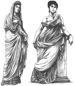 根据罗马时尚规则，女人穿着被称为帕拉的偌大长方形围巾，长度垂挂至膝盖，形成精致的皱褶。在公共场合，她们往往用它盖住头部。发型、金饰和高雅的仪态，标志着这位贵妇（左）的贵族地位。所有的罗马女人都穿着短袖长衣。由这位普通妇女（右）的打扮可看出，它轻柔，色彩鲜艳，长度及地，胸部下方所系的皮带则强调出身体的曲线。