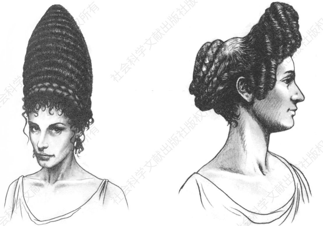 在这个时代，女性的发型已经演变到相当夸张的地步。有些是如此气势不凡和高耸（左），让人联想到教皇的三重冠。贵妇的发型相当复杂：辫子盘起的发髻和前额高耸的鸡冠由进口发片制成。说到发型的流行，通常是由皇帝的妻子引领风骚（右）。