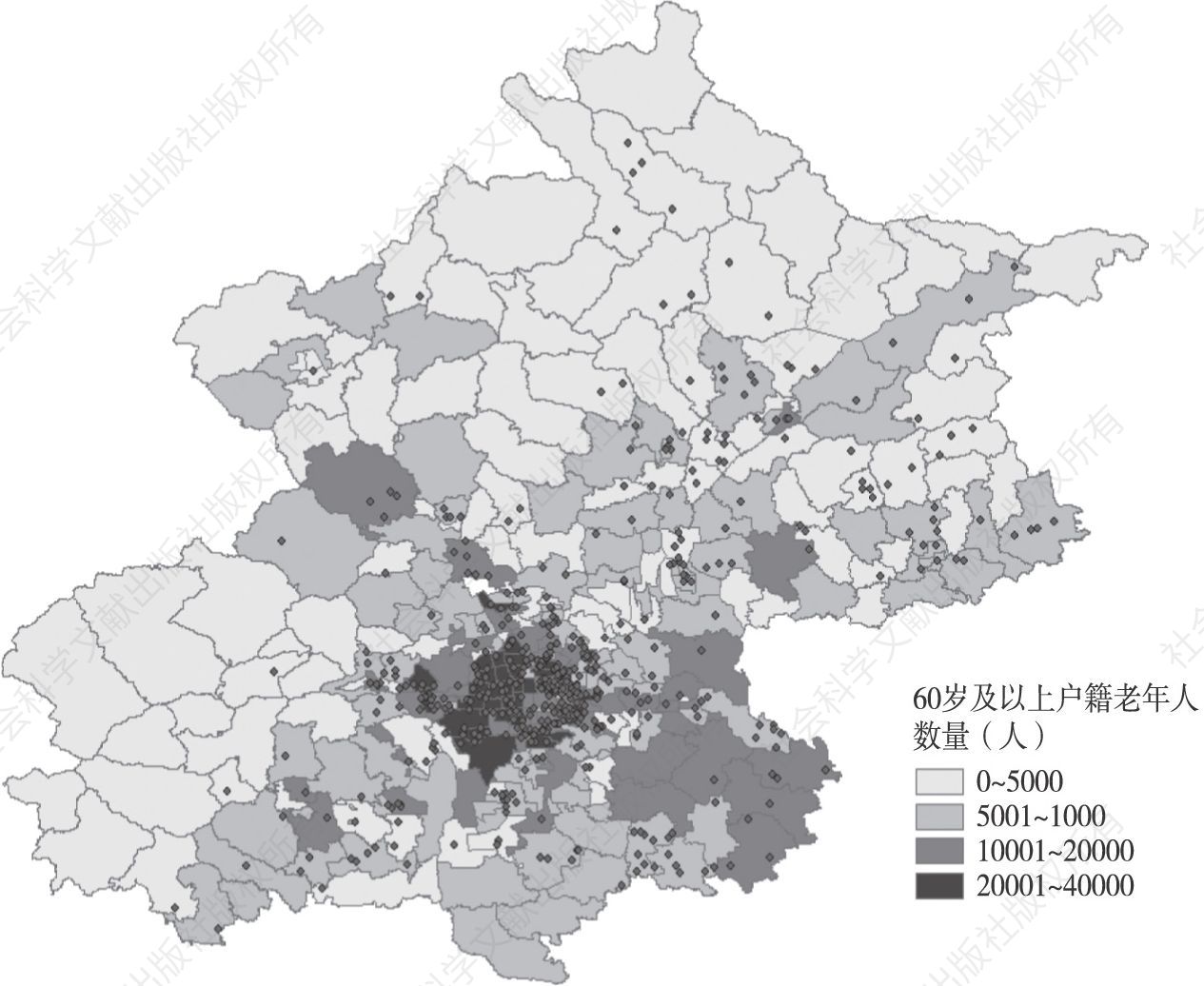 图7 2017年底北京市分街道60岁及以上户籍老年人分布