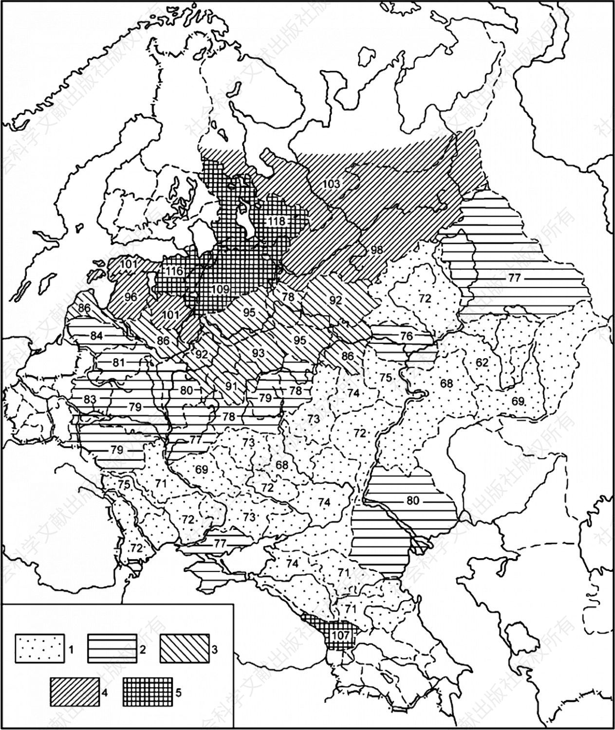 图3 耕地在20俄亩以内的农户1普特黑麦的价格（1909～1913年年均数）（戈比）