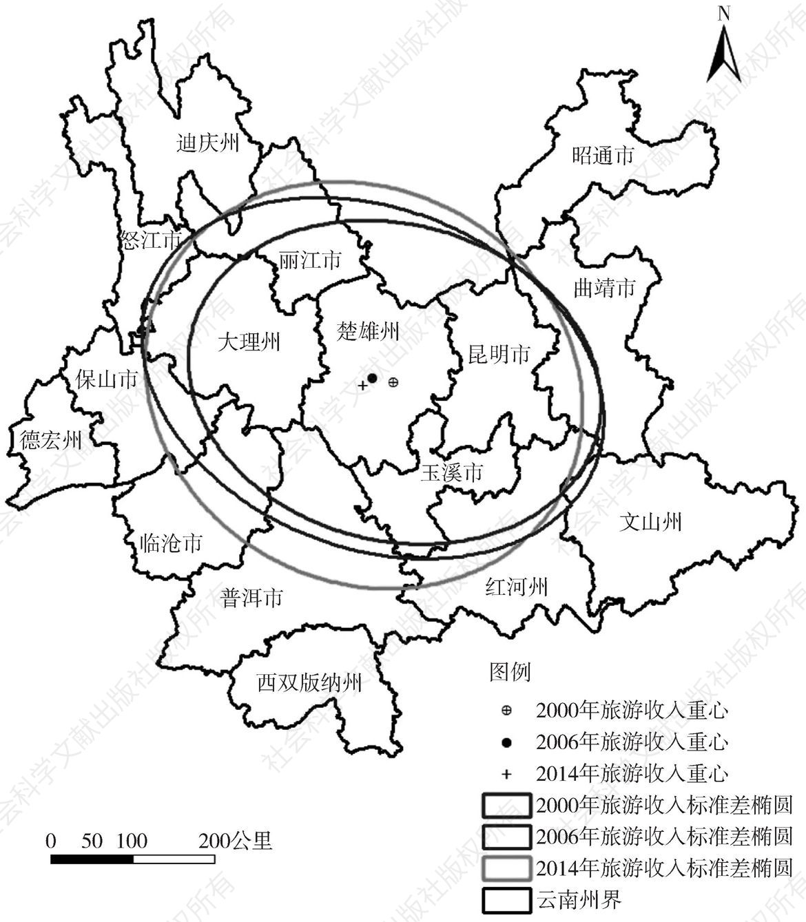 图2-11 云南省2000年、2006年、2014年旅游标准差椭圆演变示意图