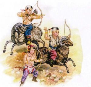 图10 匈奴儿童骑羊射鸟鼠（采自阿赫迈特然·卡略拉·萨玛杜雷《哈萨克传统军备民族学》，阿拉木图，2007，第31页）