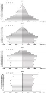 图1-2 老龄化过程中中国的人口年龄金字塔（1971年、2000年、2025年和2050年）