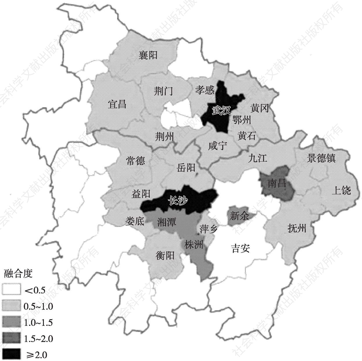 图6 2010年长江中游城市群各城市产城融合度分段设色图
