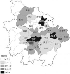 图7 2014年长江中游城市群各城市产城融合度分段设色图