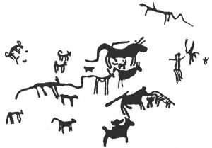 图3-9 内蒙古阴山岩画：舞者和动物群