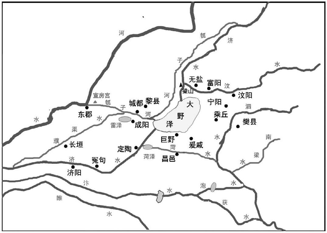 图2-2 东汉王景治河(69~70年)前后的大野泽地区水道情况