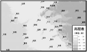 图2-6 “大野泽-梁山泊”地区高程图：黄河冲积扇和汶水、泗水冲积扇的交互