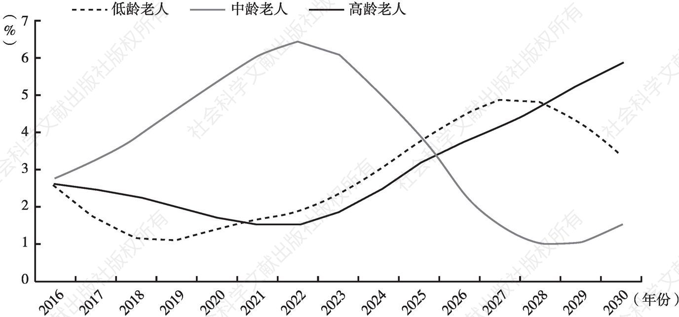 图2-7 中国各年龄段老年人口增速变动情况（2016～2030年）